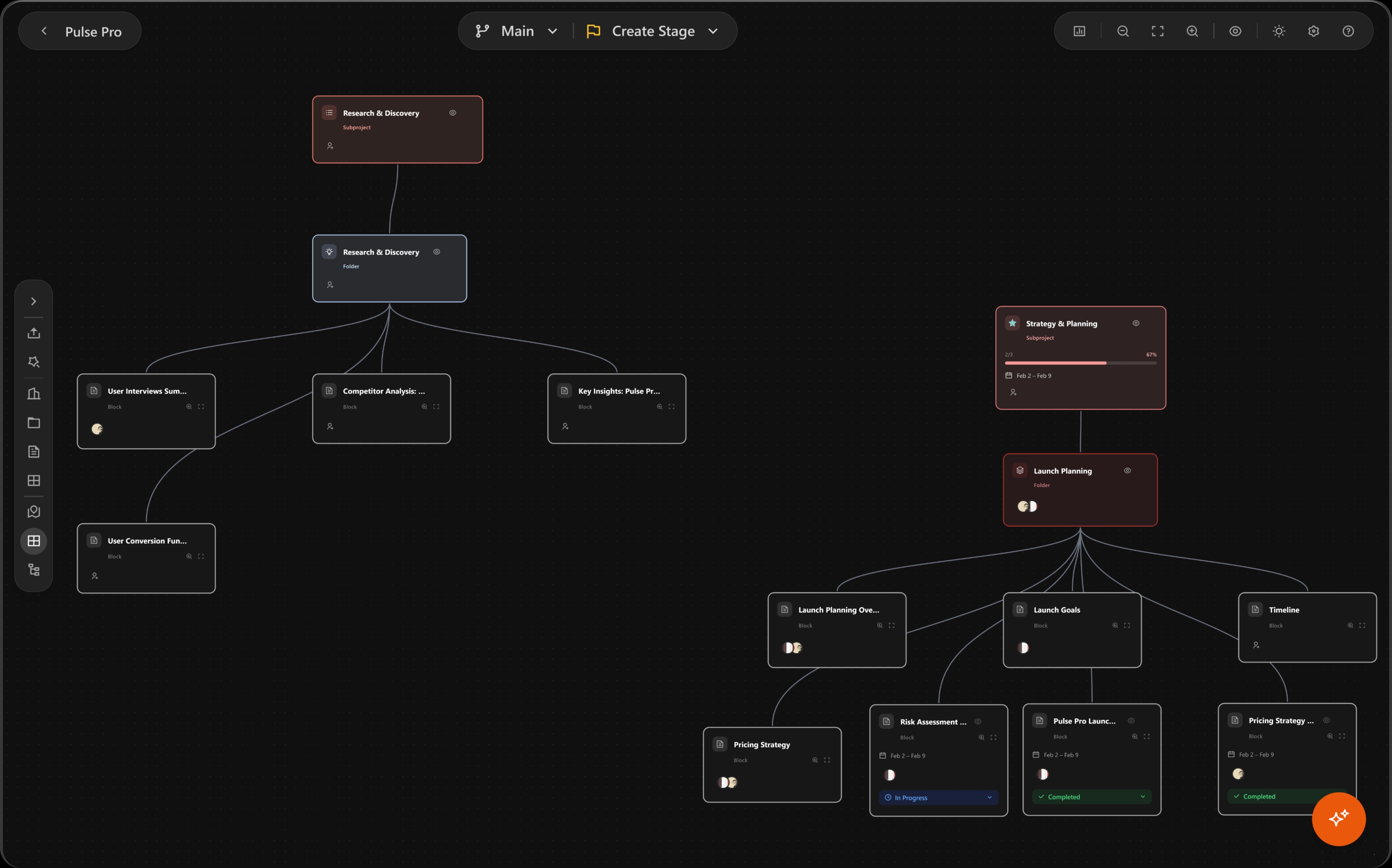 Pulstage visual project workspace — organize projects spatially on a shared canvas
